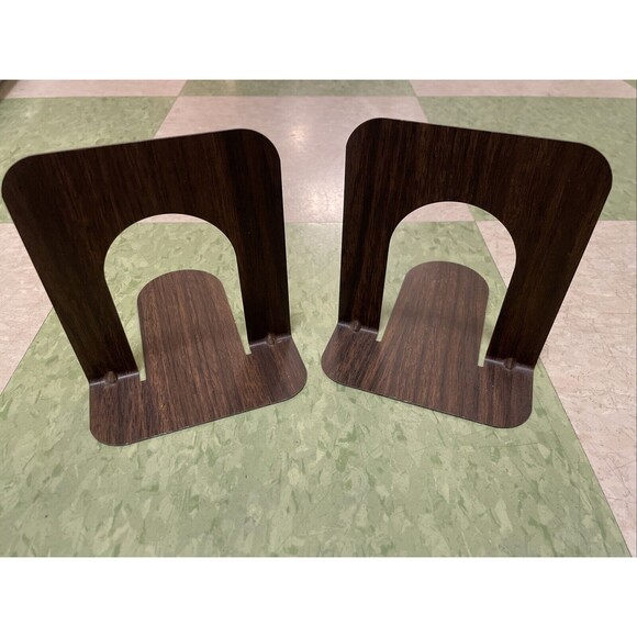 CENTURY Other - 2 Vtg Mid Century Industrial Metal Book Ends Library School Steel 5” Wood Grain